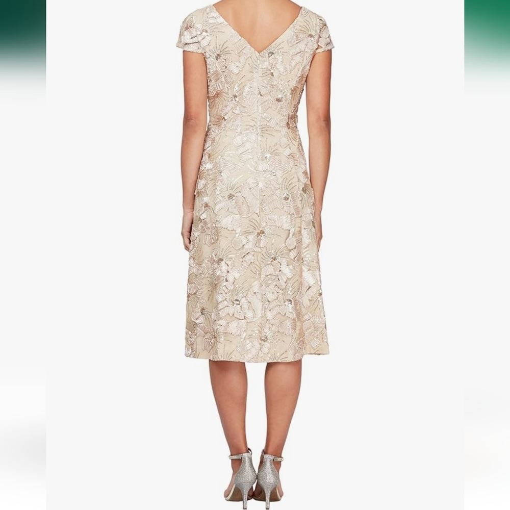 Alex Evenings Embroidered Cocktail Champange Dress - Picture 3 of 9